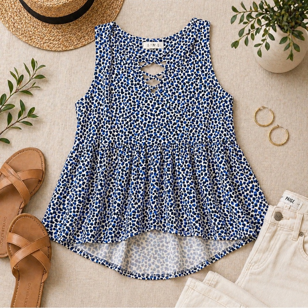 THML Blue and White Leopard Print Peplum Tank Top